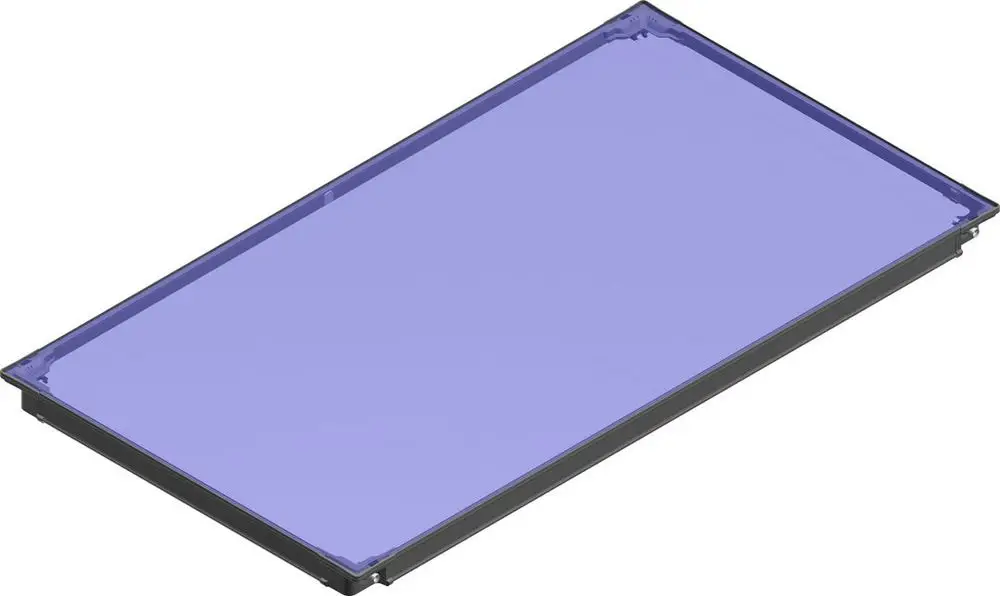 Flacher Kollektor mit rahmenloser, blauer Glasoberfläche, gefertigt von Bosch. Die Konstruktion ist schlicht und funktional, geeignet für Solaranwendungen.